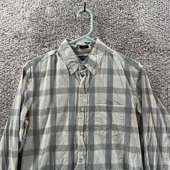 J Crew Shirt Adult Medium Beige Grey Plaid Slim Fit Button Up Mercantile Flex - Picture 3 of 11